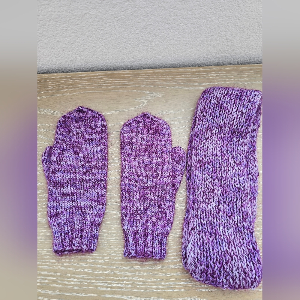 Hand-Knit Purple Variegated Mittens & Scarf Set Soft Marled Knit Winter Accesory